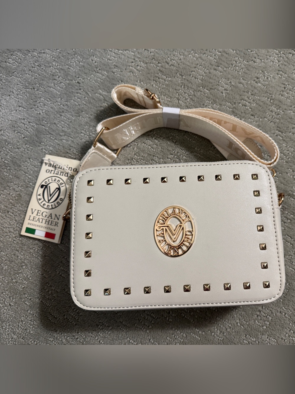 Valentino Orlandi White Vegan Leather Camera Crossbody bag with Gold Studs